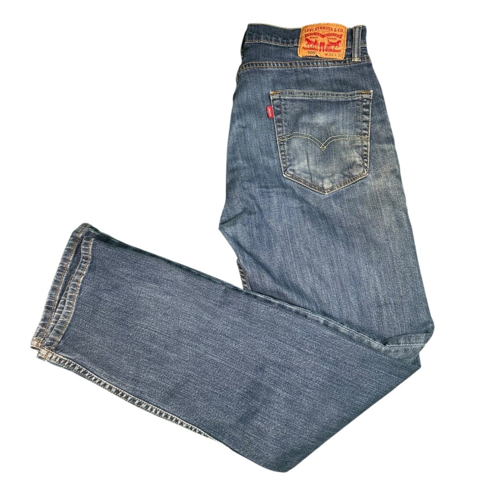 Levi Strauss & Co 505 W34 L32 Mens Regular Fit Straight Leg Blue Denim Jeans